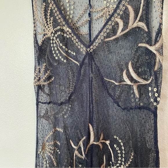 Biya Johnny Was Mesh Sheer See Thru Midi Maxi Dress Embroidered Blue Taupe XS - Picture 6 of 10